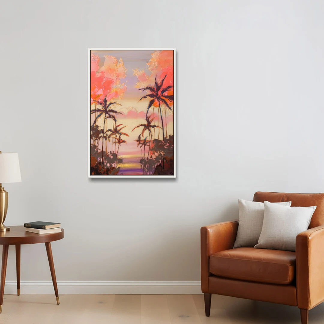 Honolulu Palm Trees Silhouette - White Framed Canvas Wall Art - Sofa - 24x36
