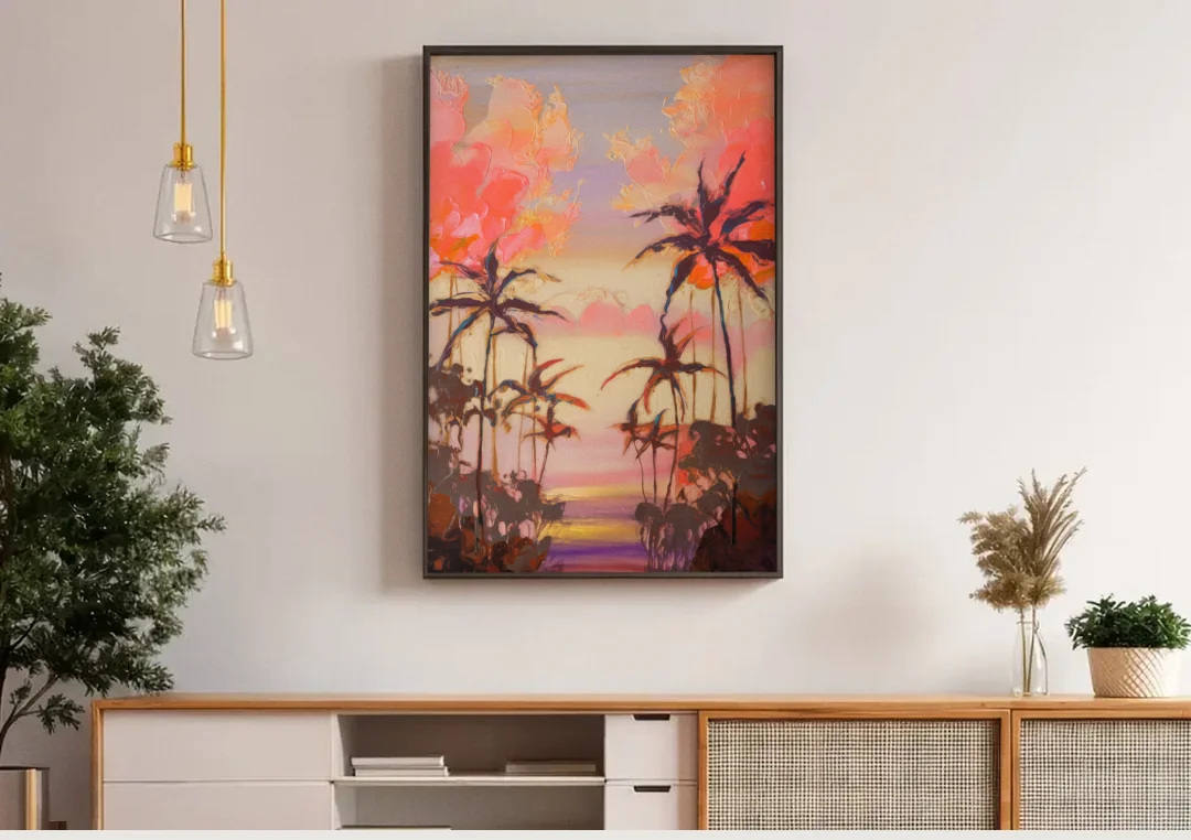 Honolulu Palm Trees Silhouette canvas wall art above a wooden sideboard under pendant lights