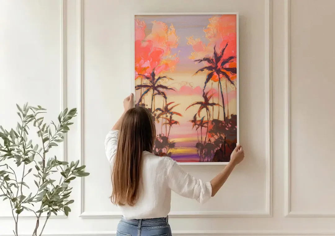 Honolulu Palm Trees Silhouette canvas wall art being hung on a paneled wall