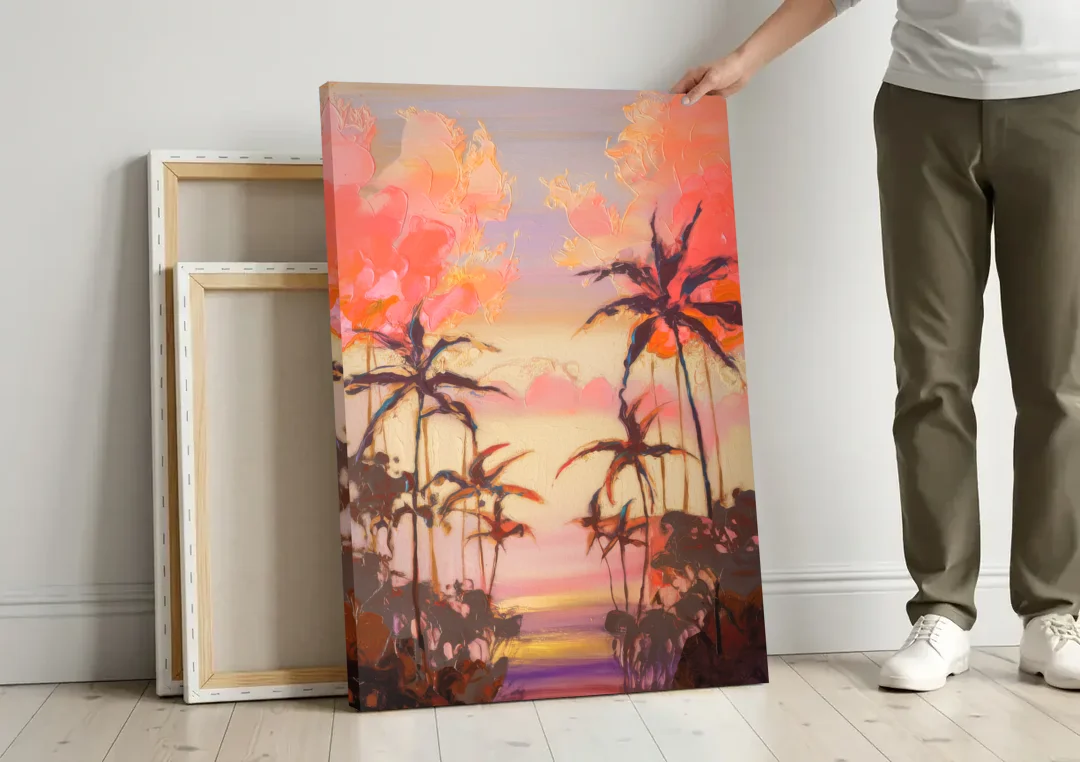Honolulu Palm Trees Silhouette canvas wall art leaning against a wall next to blank canvases