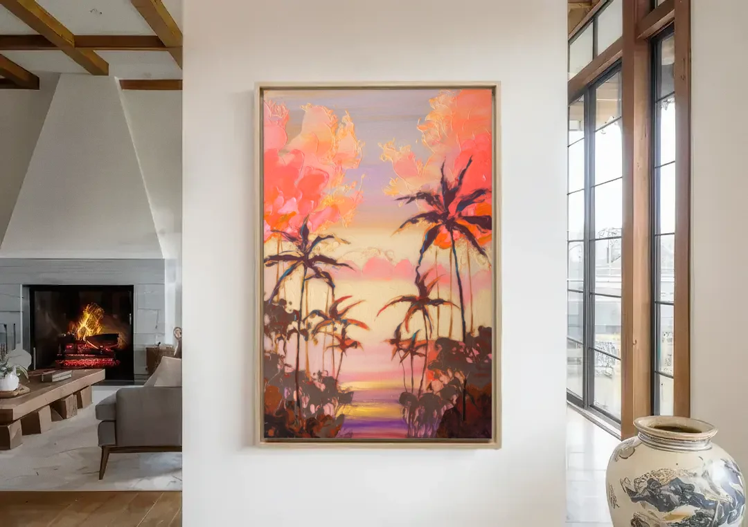 Honolulu Palm Trees Silhouette canvas wall art in a living room with a fireplace