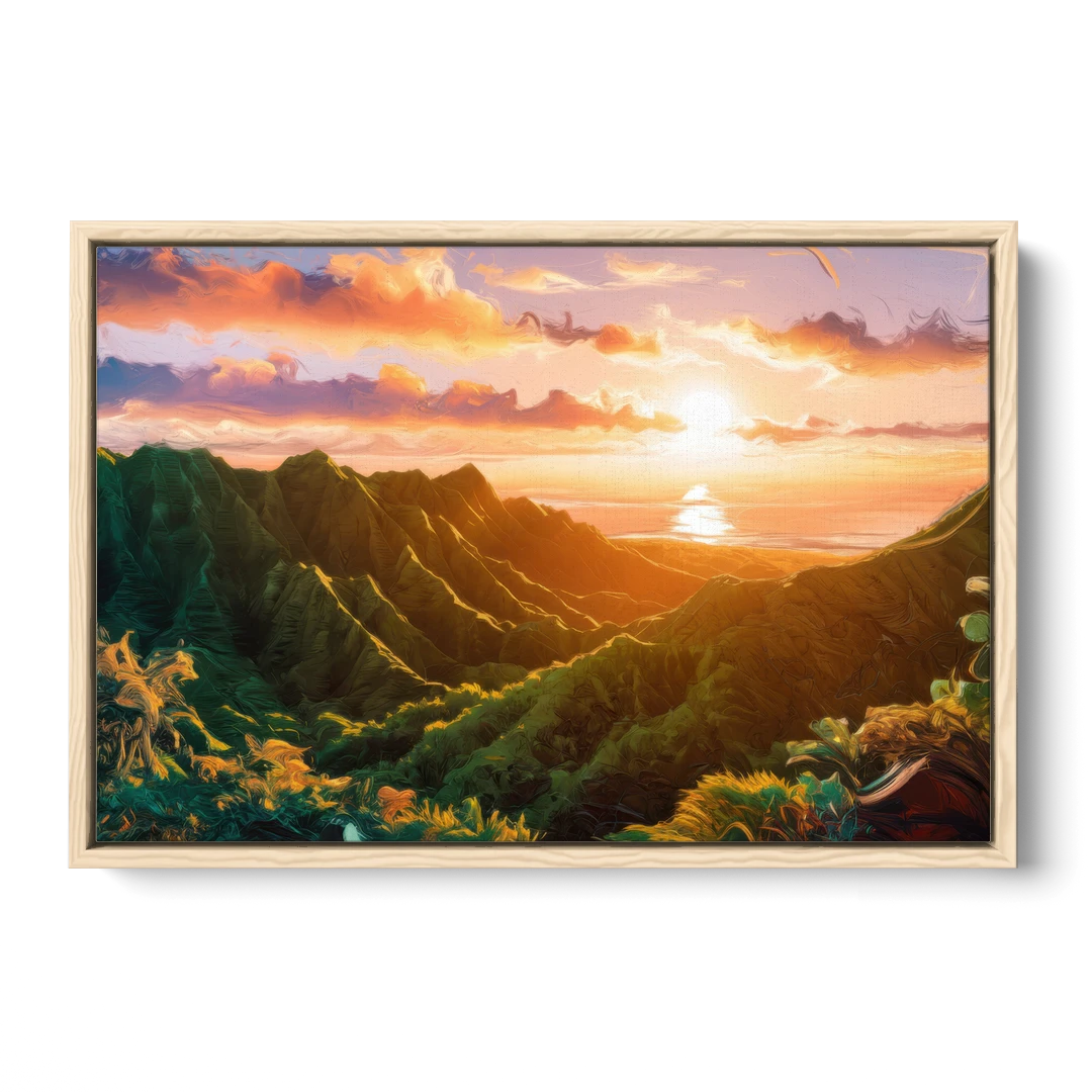 Honolulu Sunset Over Mountains - Oak Framed Canvas Wall Art - Front