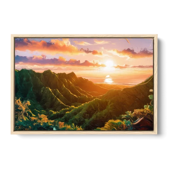 Honolulu Sunset Over Mountains - Oak Framed Canvas Wall Art - Front