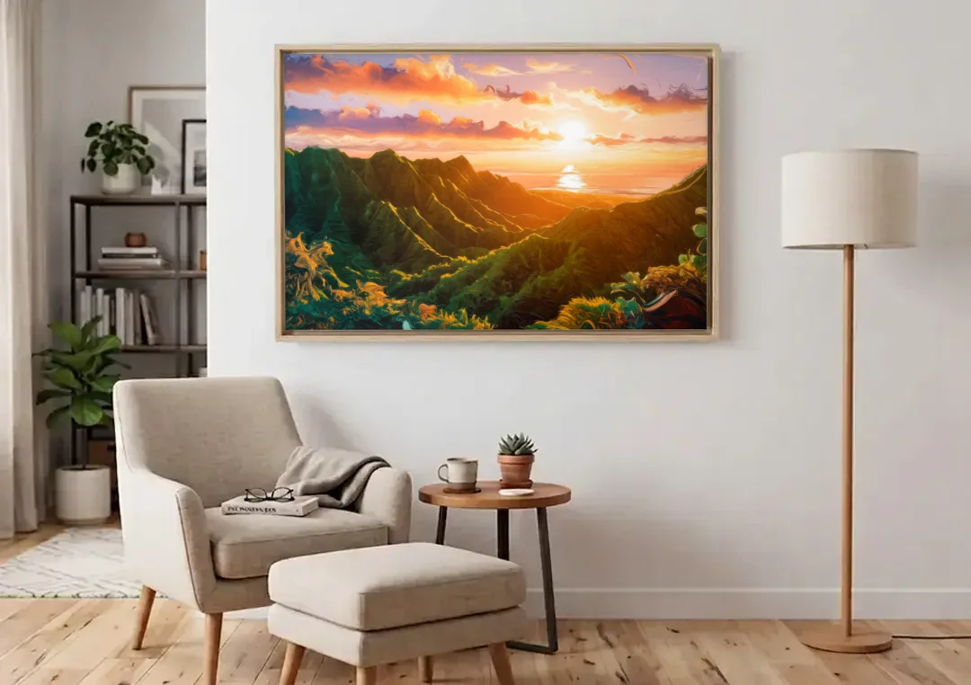 Honolulu Sunset Over Mountains canvas wall art above an armchair in a bright living room