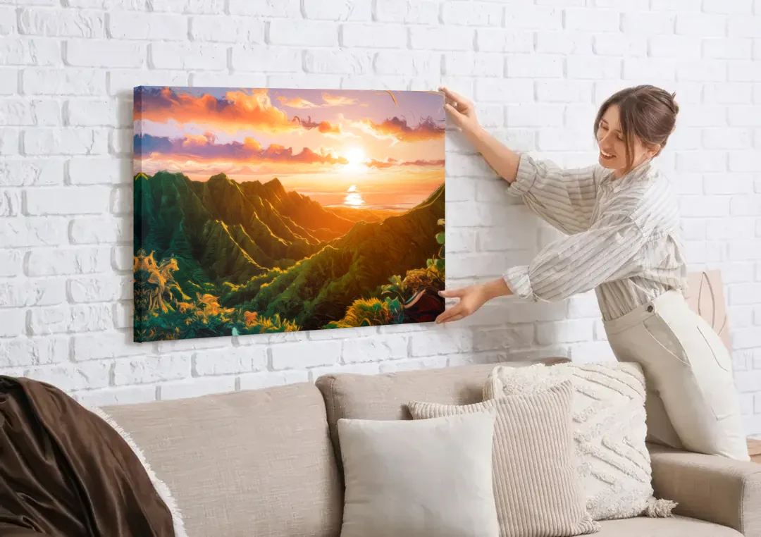 Honolulu Sunset Over Mountains canvas wall art being hung on a white brick wall above a sofa