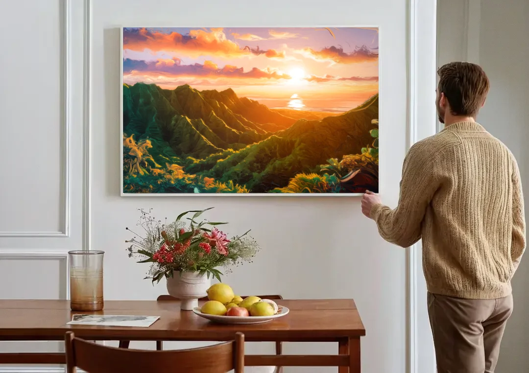 Honolulu Sunset Over Mountains canvas wall art above a dining table