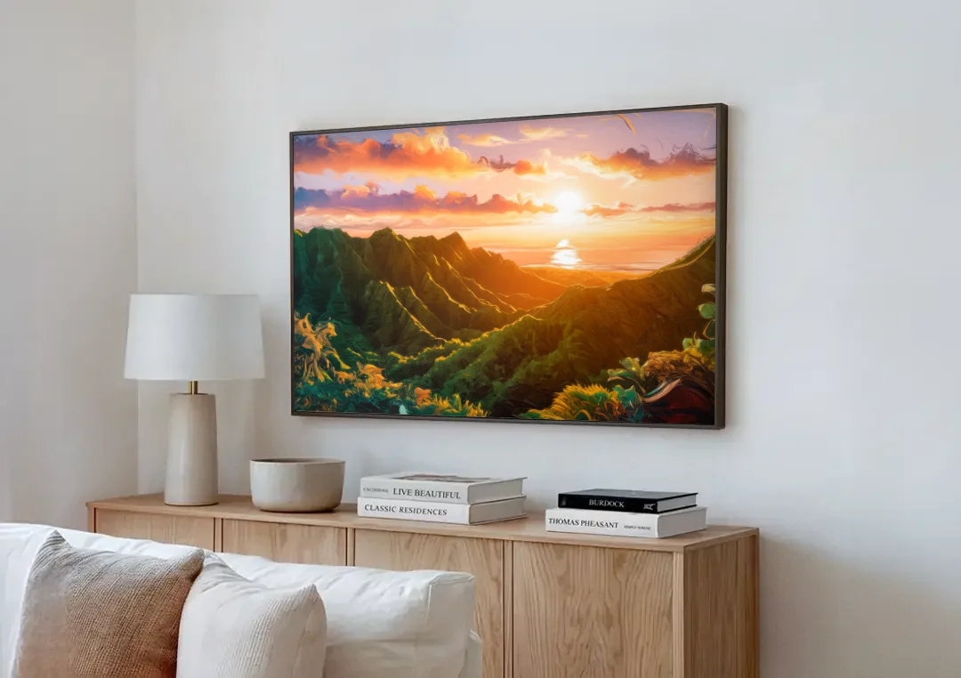 Honolulu Sunset Over Mountains canvas wall art above a wooden sideboard next to a sofa