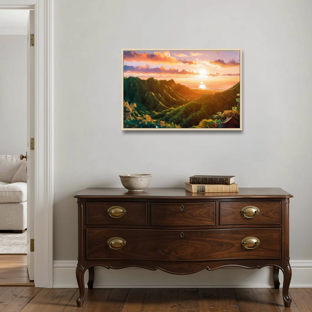 Honolulu Sunset Over Mountains - Oak Framed Canvas Wall Art - Coffee Table - 36x24