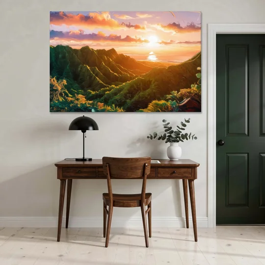 Honolulu Sunset Over Mountains - Canvas Wall Art - Office - 60x40