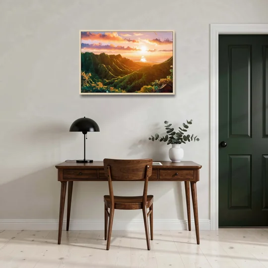 Honolulu Sunset Over Mountains - Oak Framed Canvas Wall Art - Office - 36x24