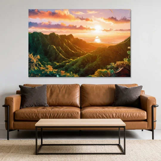 Honolulu Sunset Over Mountains - Canvas Wall Art - Sofa - 60x40