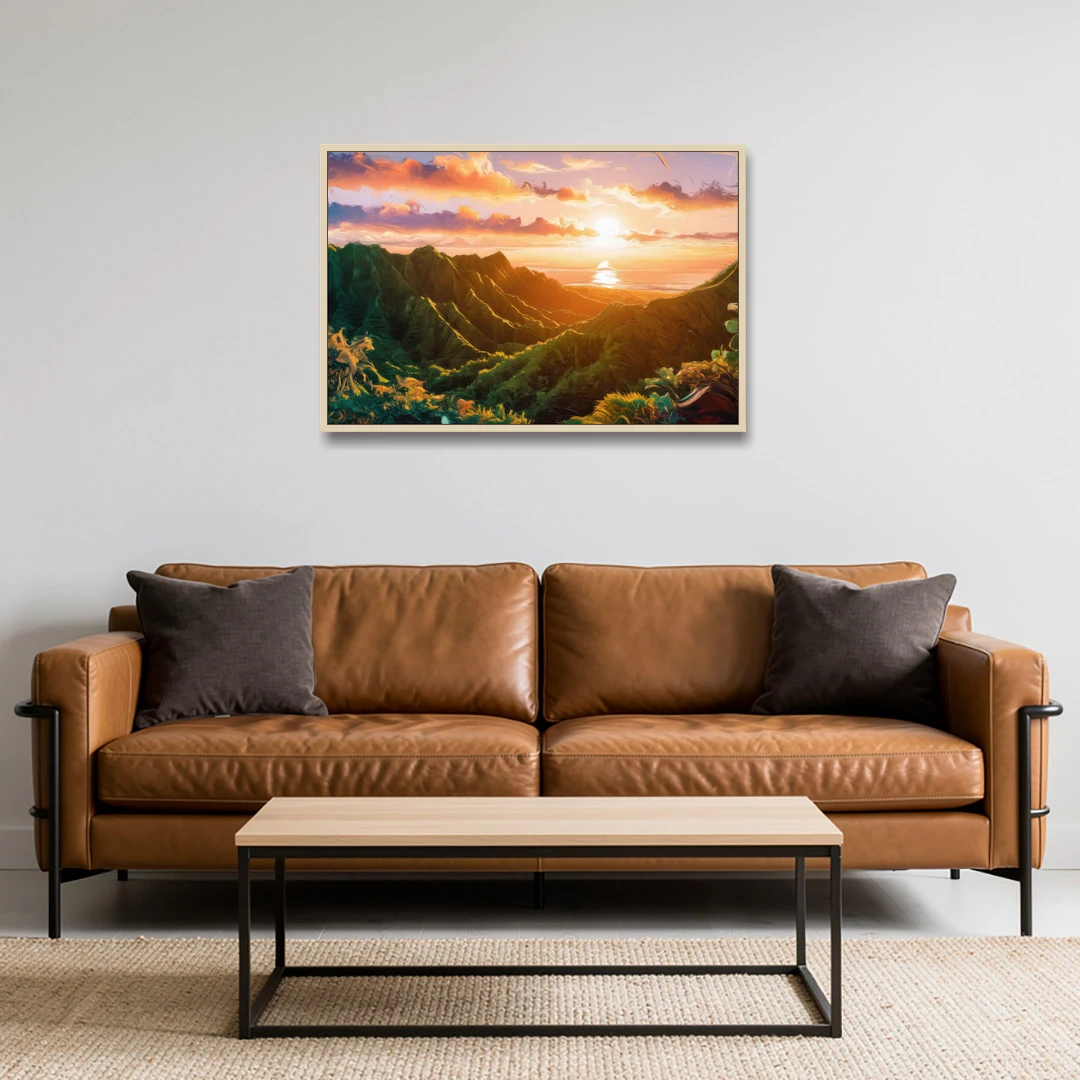 Honolulu Sunset Over Mountains - Oak Framed Canvas Wall Art - Sofa - 36x24