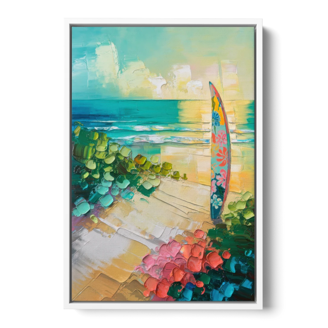 Honolulu Surfboard Vibes - White Framed Canvas Wall Art - Front