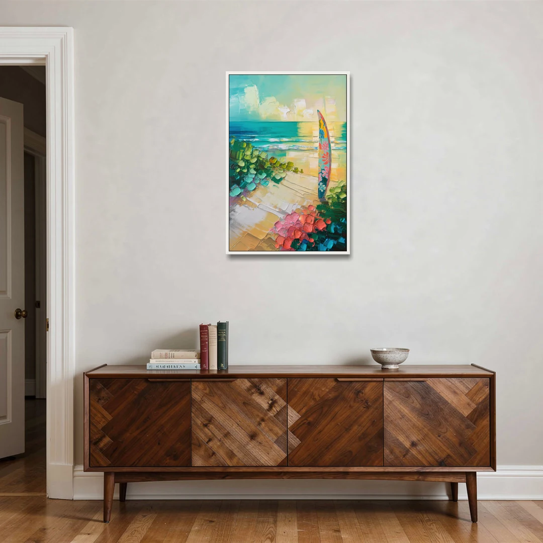 Honolulu Surfboard Vibes - White Framed Canvas Wall Art - Coffee Table - 24x36