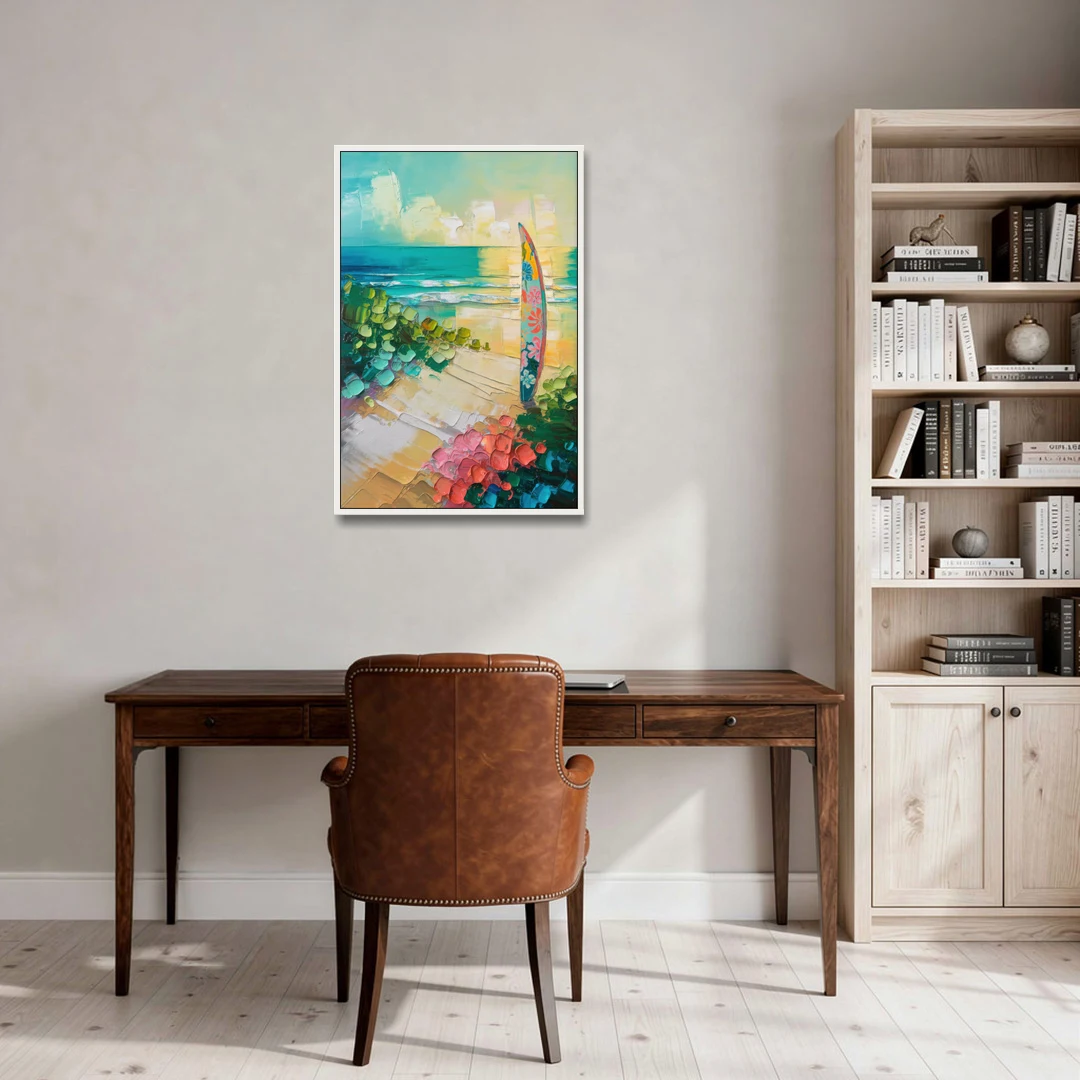 Honolulu Surfboard Vibes - White Framed Canvas Wall Art - Office - 24x36