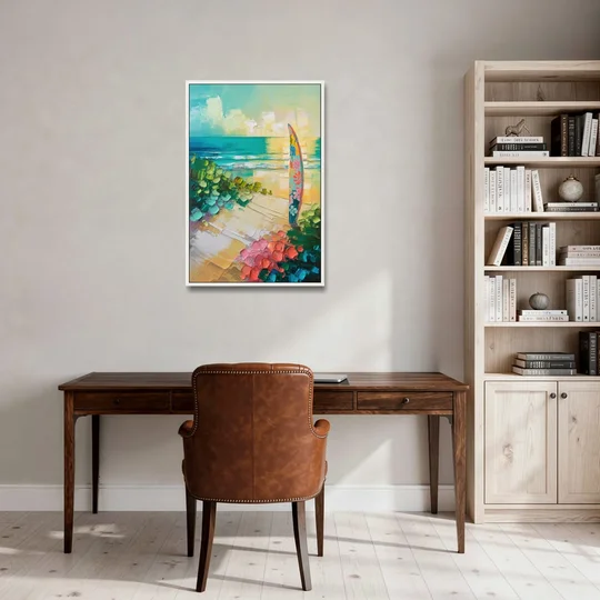 Honolulu Surfboard Vibes - White Framed Canvas Wall Art - Office - 24x36
