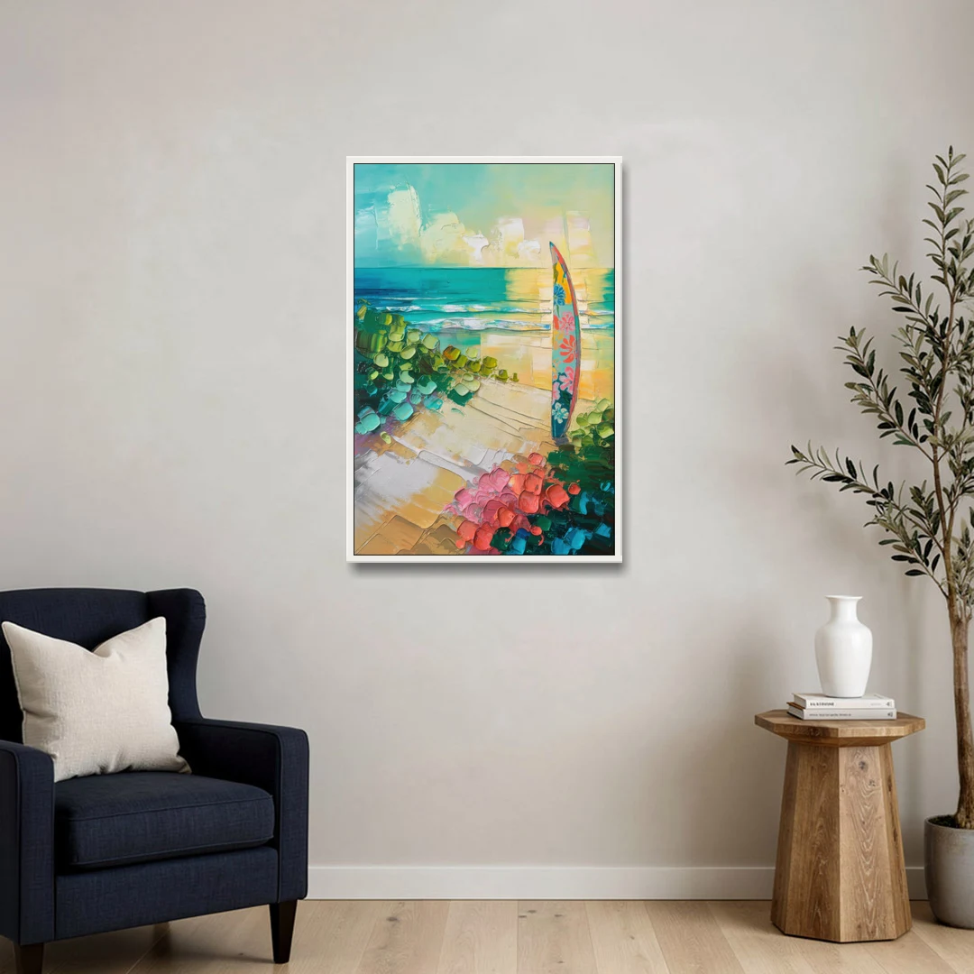 Honolulu Surfboard Vibes - White Framed Canvas Wall Art - Sofa - 24x36