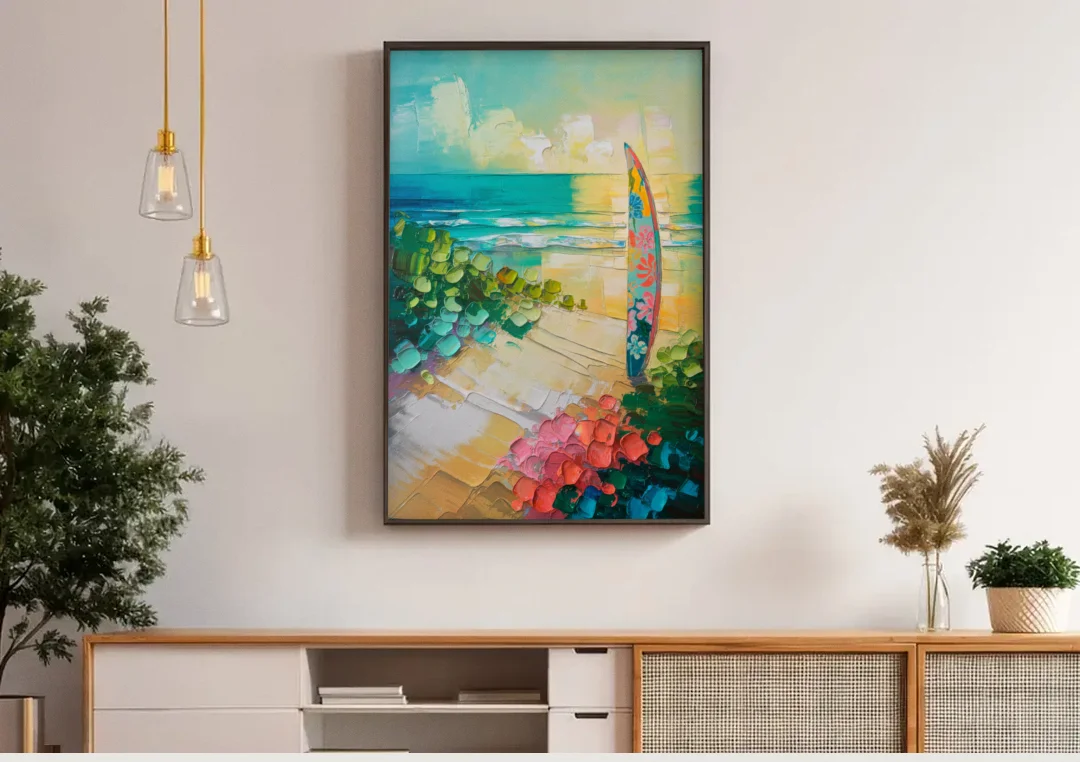 Honolulu Surfboard Vibes canvas wall art above a wooden sideboard under pendant lights