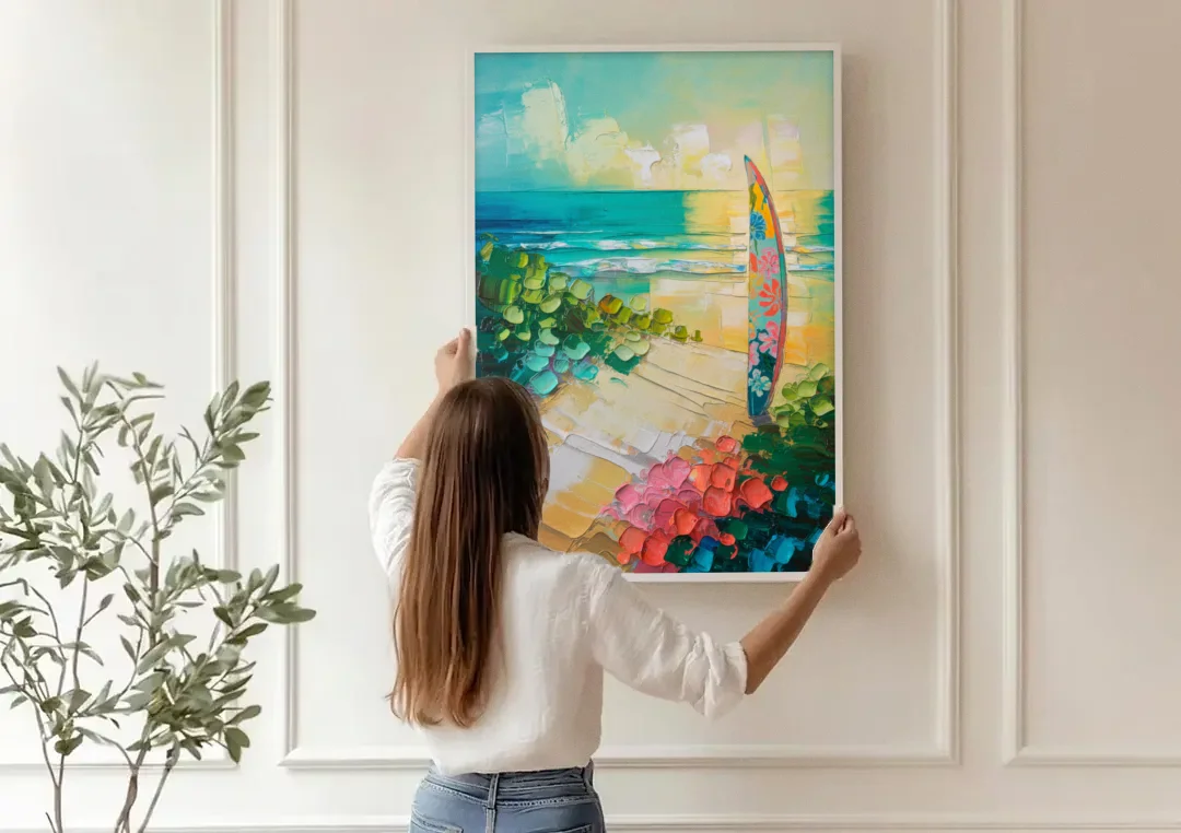 Honolulu Surfboard Vibes canvas wall art being hung on a paneled wall