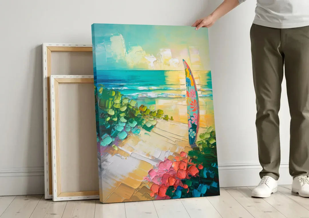Honolulu Surfboard Vibes canvas wall art leaning against a wall next to blank canvases