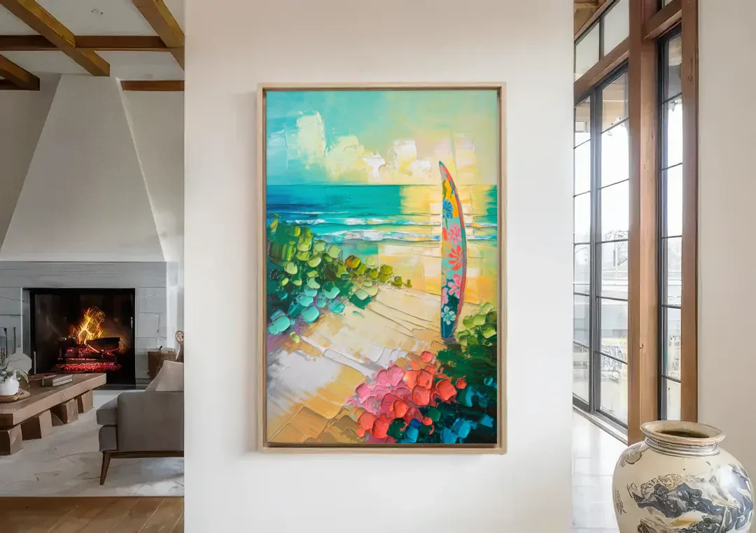 Honolulu Surfboard Vibes canvas wall art in a living room with a fireplace