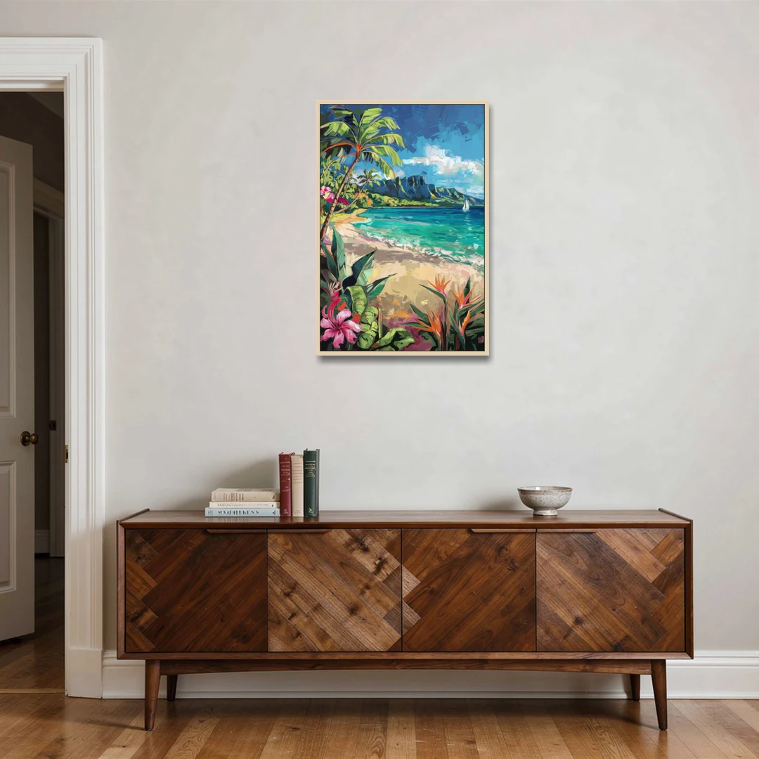 Honolulu Tropical Paradise - Oak Framed Canvas Wall Art - Coffee Table - 24x36