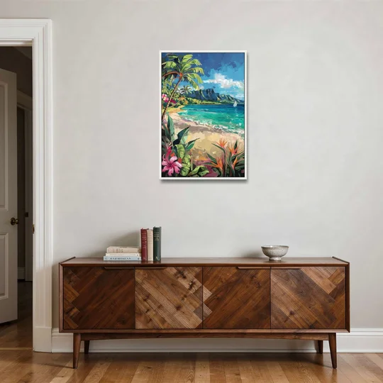 Honolulu Tropical Paradise - White Framed Canvas Wall Art - Coffee Table - 24x36