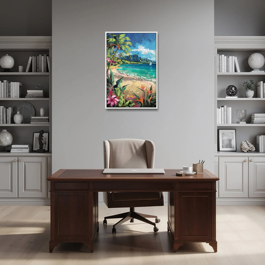 Honolulu Tropical Paradise - White Framed Canvas Wall Art - Office - 24x36