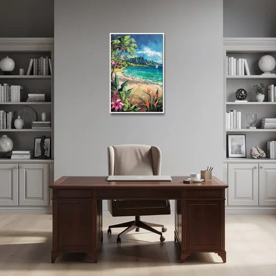 Honolulu Tropical Paradise - White Framed Canvas Wall Art - Office - 24x36
