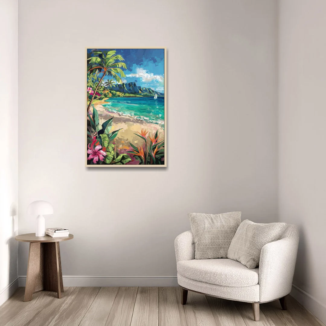 Honolulu Tropical Paradise - Oak Framed Canvas Wall Art - Sofa - 24x36