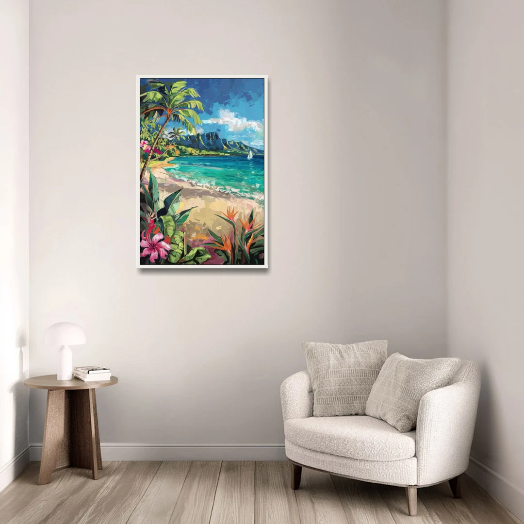 Honolulu Tropical Paradise - White Framed Canvas Wall Art - Sofa - 24x36