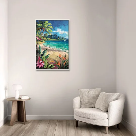 Honolulu Tropical Paradise - White Framed Canvas Wall Art - Sofa - 24x36