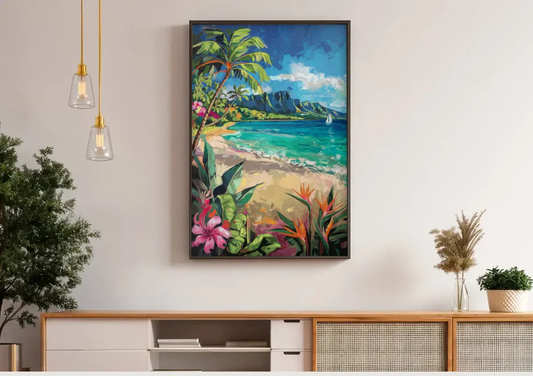 Honolulu Tropical Paradise canvas wall art above a wooden sideboard under pendant lights