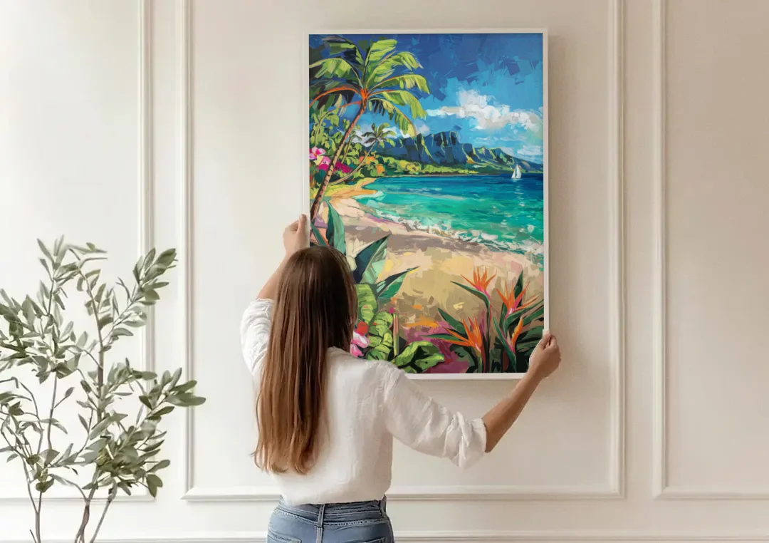 Honolulu Tropical Paradise canvas wall art being hung on a paneled wall