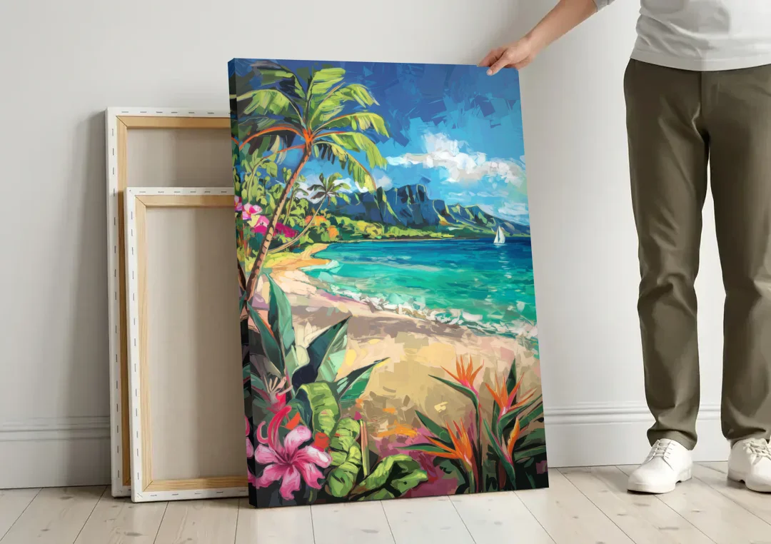 Honolulu Tropical Paradise canvas wall art leaning against a wall next to blank canvases
