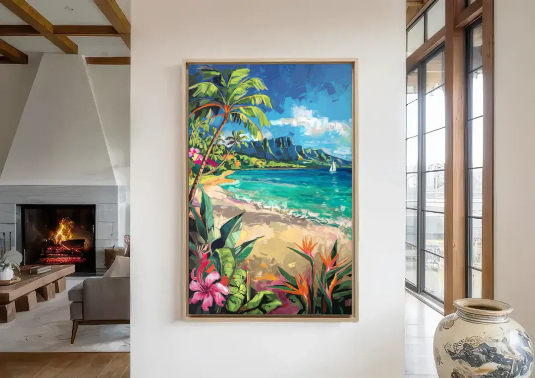 Honolulu Tropical Paradise canvas wall art in a living room with a fireplace