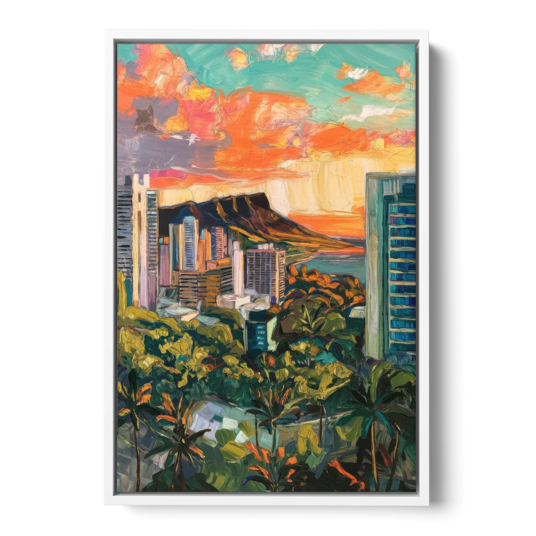 Honolulu Vibrant Cityscape - White Framed Canvas Wall Art - Front