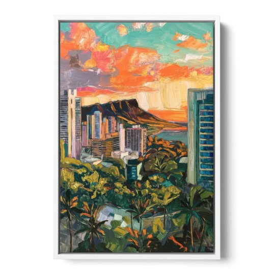Honolulu Vibrant Cityscape - White Framed Canvas Wall Art - Front