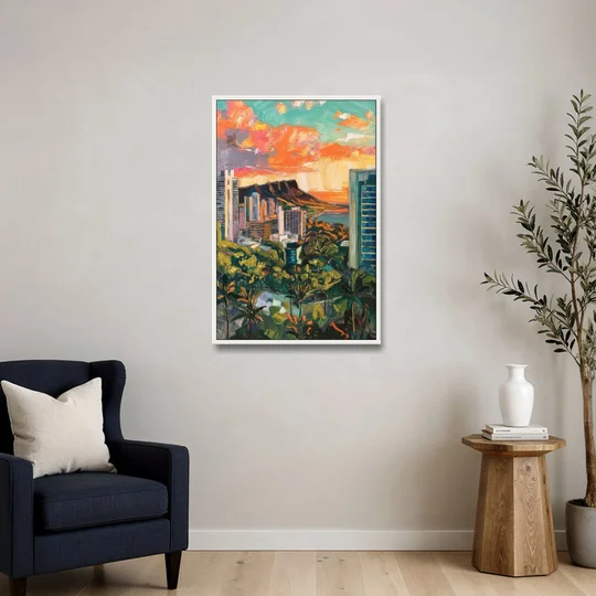 Honolulu Vibrant Cityscape - White Framed Canvas Wall Art - Sofa - 24x36