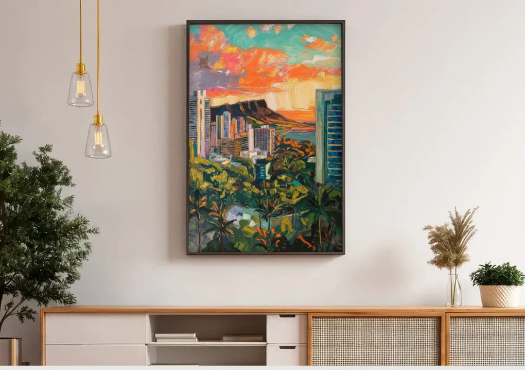 Honolulu Vibrant Cityscape canvas wall art above a wooden sideboard under pendant lights