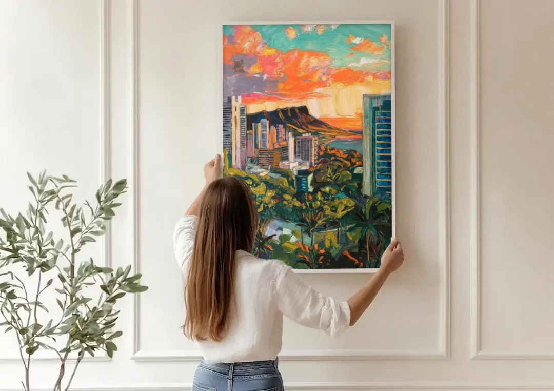 Honolulu Vibrant Cityscape canvas wall art being hung on a paneled wall