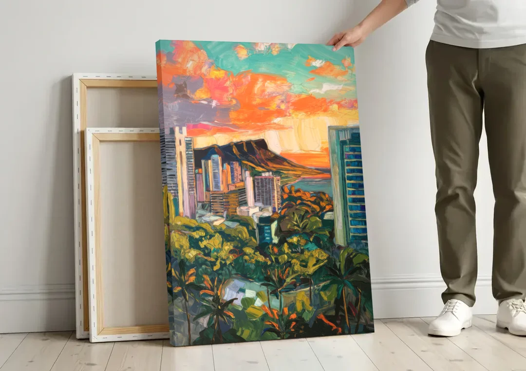 Honolulu Vibrant Cityscape canvas wall art leaning against a wall next to blank canvases