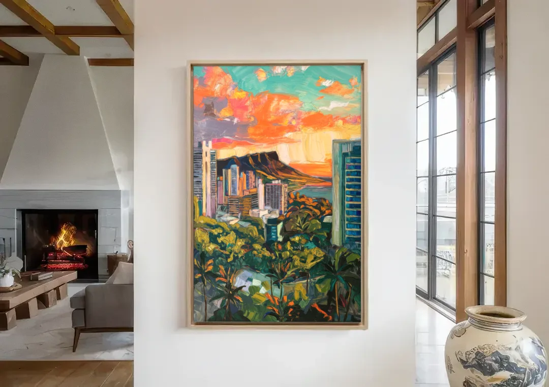 Honolulu Vibrant Cityscape canvas wall art in a living room with a fireplace