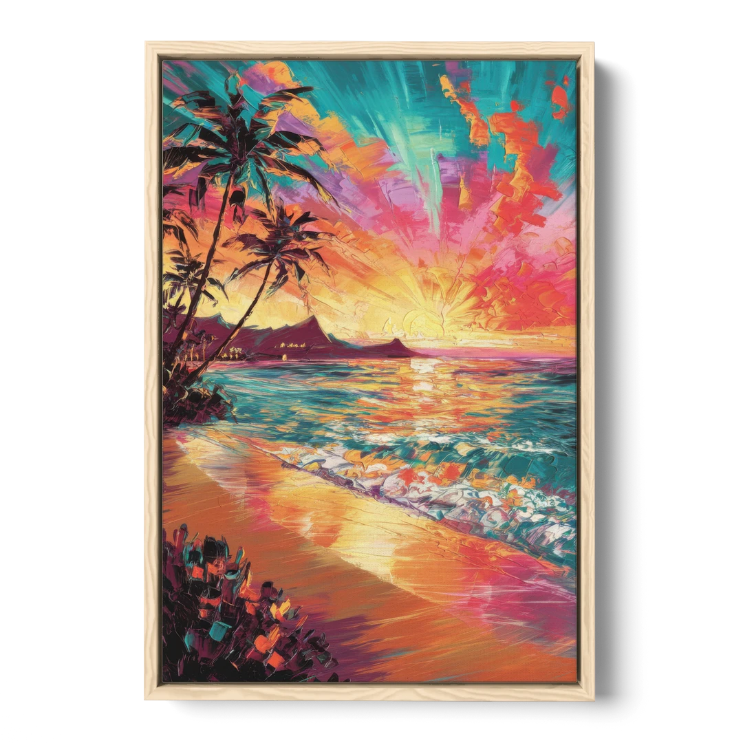 Honolulu Waikiki Beach Sunset - Oak Framed Canvas Wall Art - Front