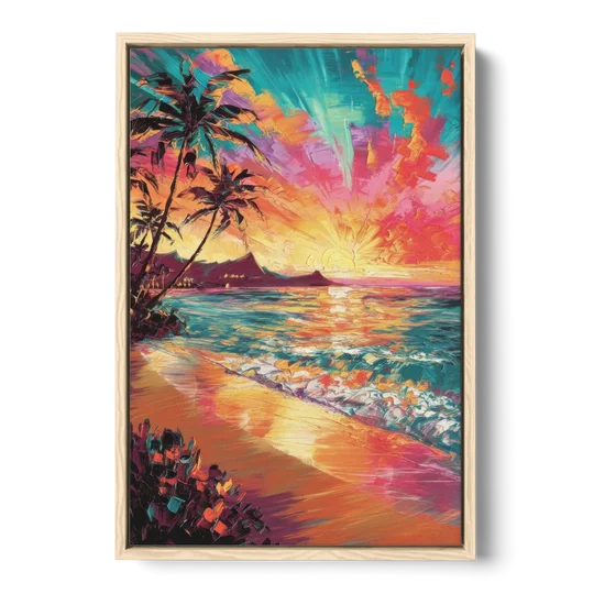 Honolulu Waikiki Beach Sunset - Oak Framed Canvas Wall Art - Front
