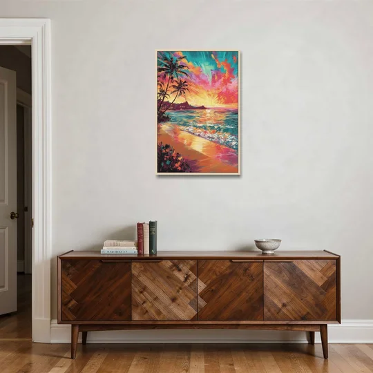 Honolulu Waikiki Beach Sunset - Oak Framed Canvas Wall Art - Coffee Table - 24x36