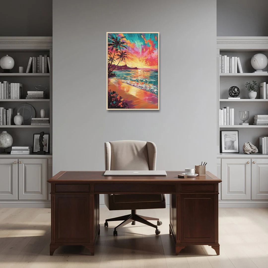 Honolulu Waikiki Beach Sunset - Oak Framed Canvas Wall Art - Office - 24x36