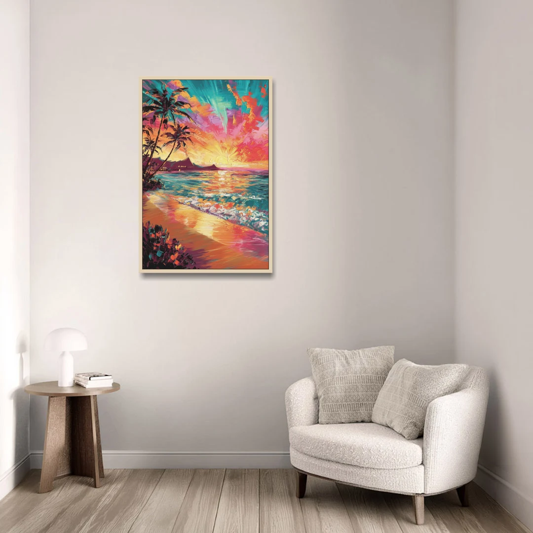 Honolulu Waikiki Beach Sunset - Oak Framed Canvas Wall Art - Sofa - 24x36