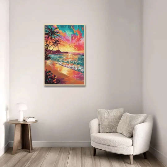 Honolulu Waikiki Beach Sunset - Oak Framed Canvas Wall Art - Sofa - 24x36