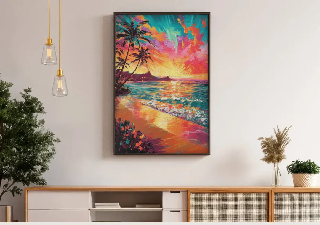 Honolulu Waikiki Beach Sunset canvas wall art above a wooden sideboard under pendant lights